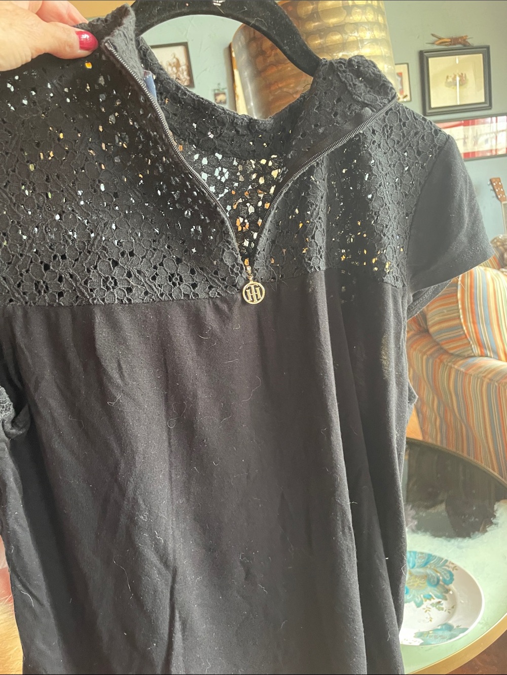 Tommy Hilfiger Black Lace Yoke Short Sleeve Tee with Logo Zip